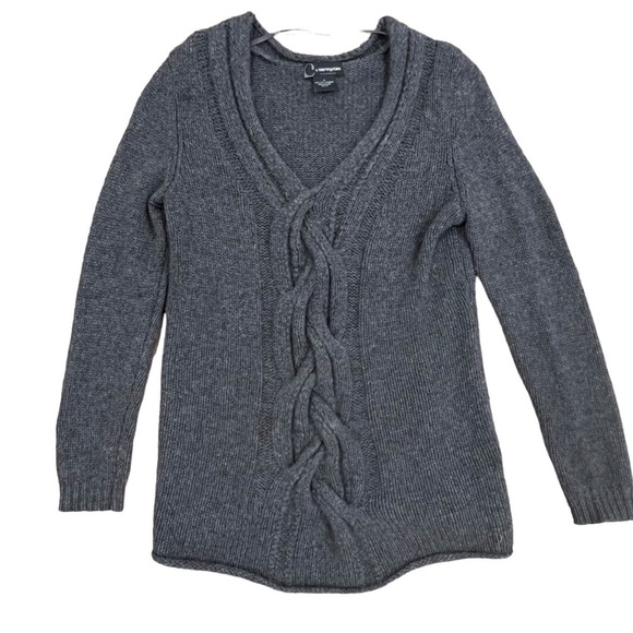 C by Bloomingdales 100% Cashmere V-Neck Braided Gray Pullover Sweater Sz Medium - Picture 5 of 9